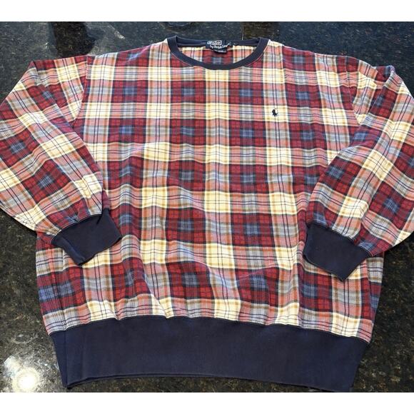 Vintage Polo Ralph Lauren Men's Sweatshirt Large Tartan Plaid Fleece Crewneck - Picture 1 of 8